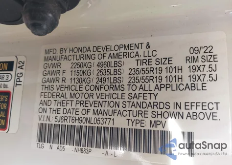 2022 Honda Cr-V Touring z USA, uszkodzony, nr VIN 5J6RT6H90NL053771